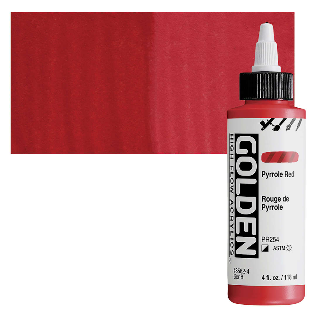 Open in modal - Golden High Flow Acrylic Paint - Pyrrole Red, 4 oz bottle and swatch