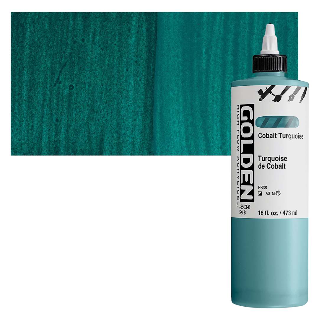 Open in modal - Golden High Flow Acrylic Paint - Cobalt Turquoise, 16 oz bottle and swatch