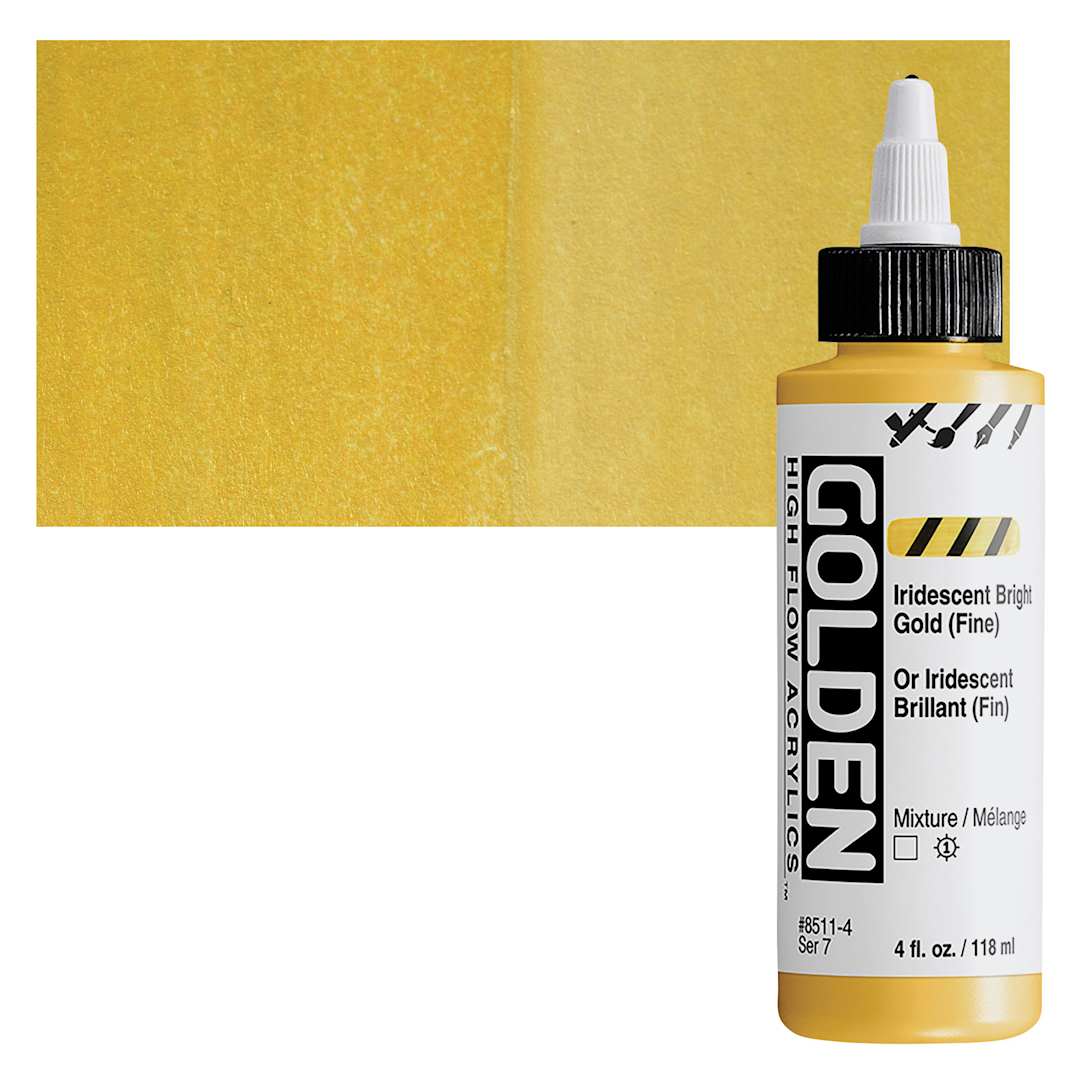 Open in modal - Golden High Flow Acrylic Paint - Iridescent Bright Gold (Fine), 4 oz bottle and swatch