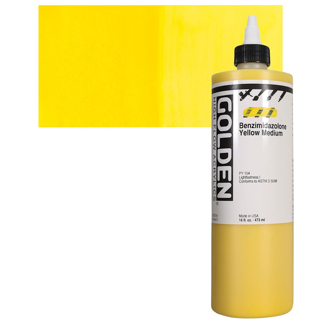 Open in modal - Golden High Flow Acrylic Paint - Benzimidazolone Yellow Medium, 16 oz bottle and swatch