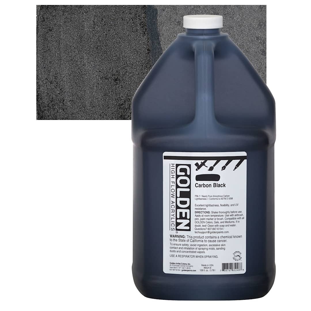 Open in modal - Golden High Flow Acrylic Paint - Carbon Black, 128 oz bottle and swatch