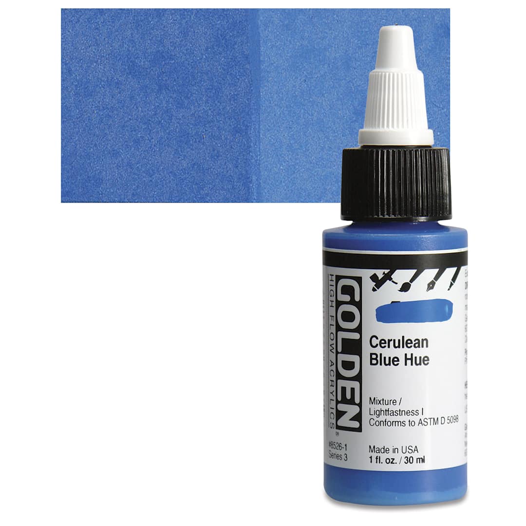 Open in modal - Golden High Flow Acrylic Paint - Cerulean Blue Hue, 1 oz bottle and swatch