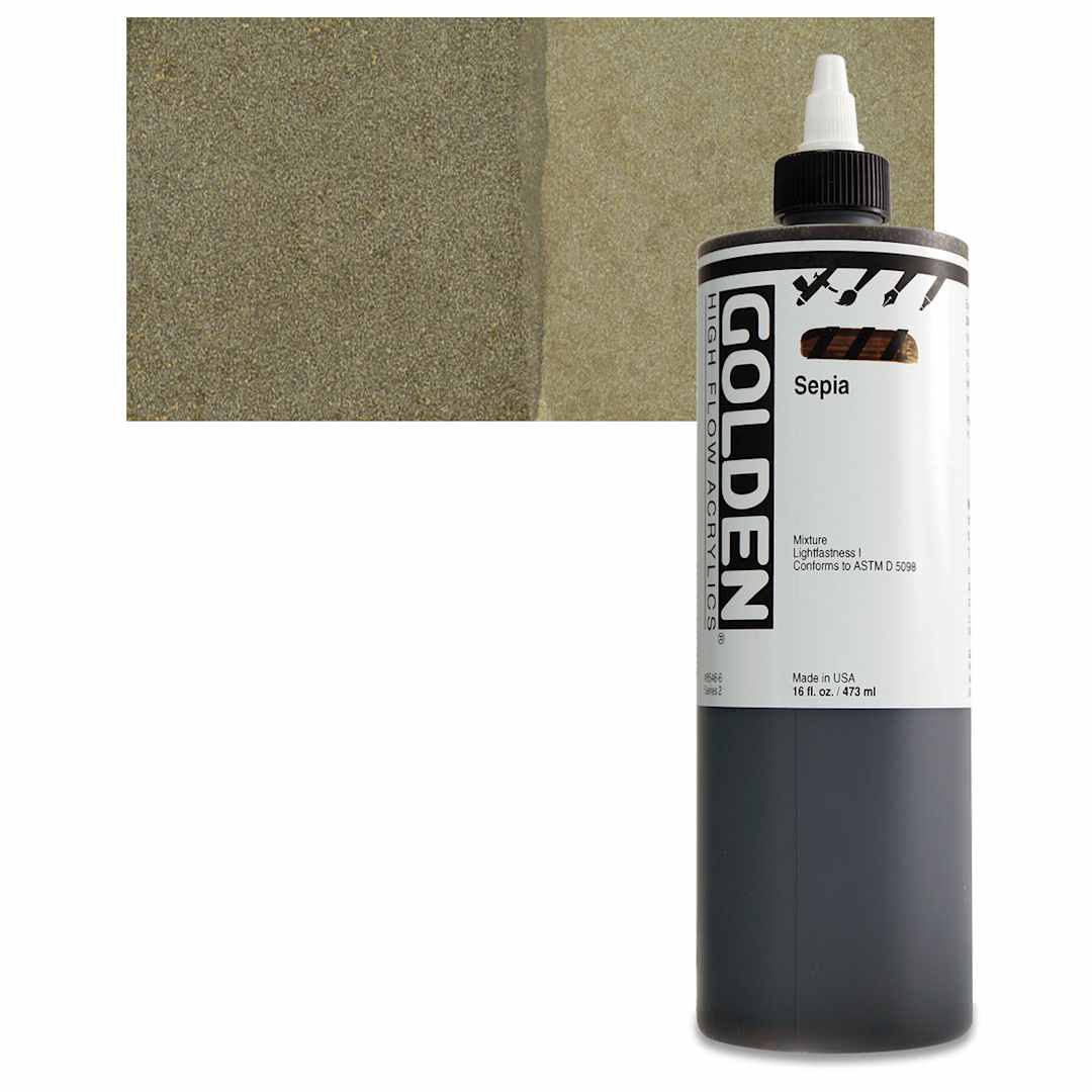 Open in modal - Golden High Flow Acrylic Paint - Sepia, 16 oz bottle and swatch