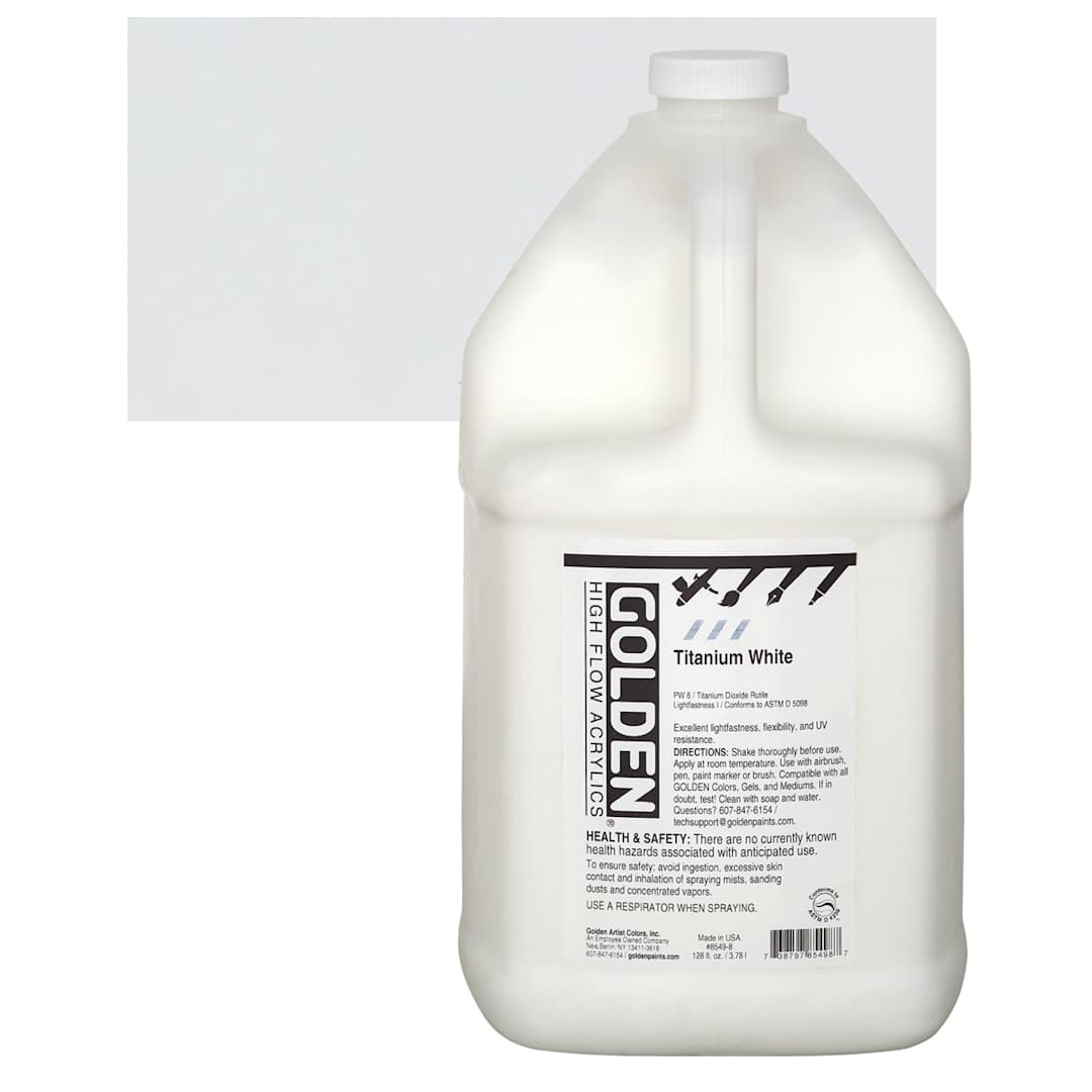 Open in modal - Golden High Flow Acrylic Paint - Titanium White, 128 oz bottle and swatch