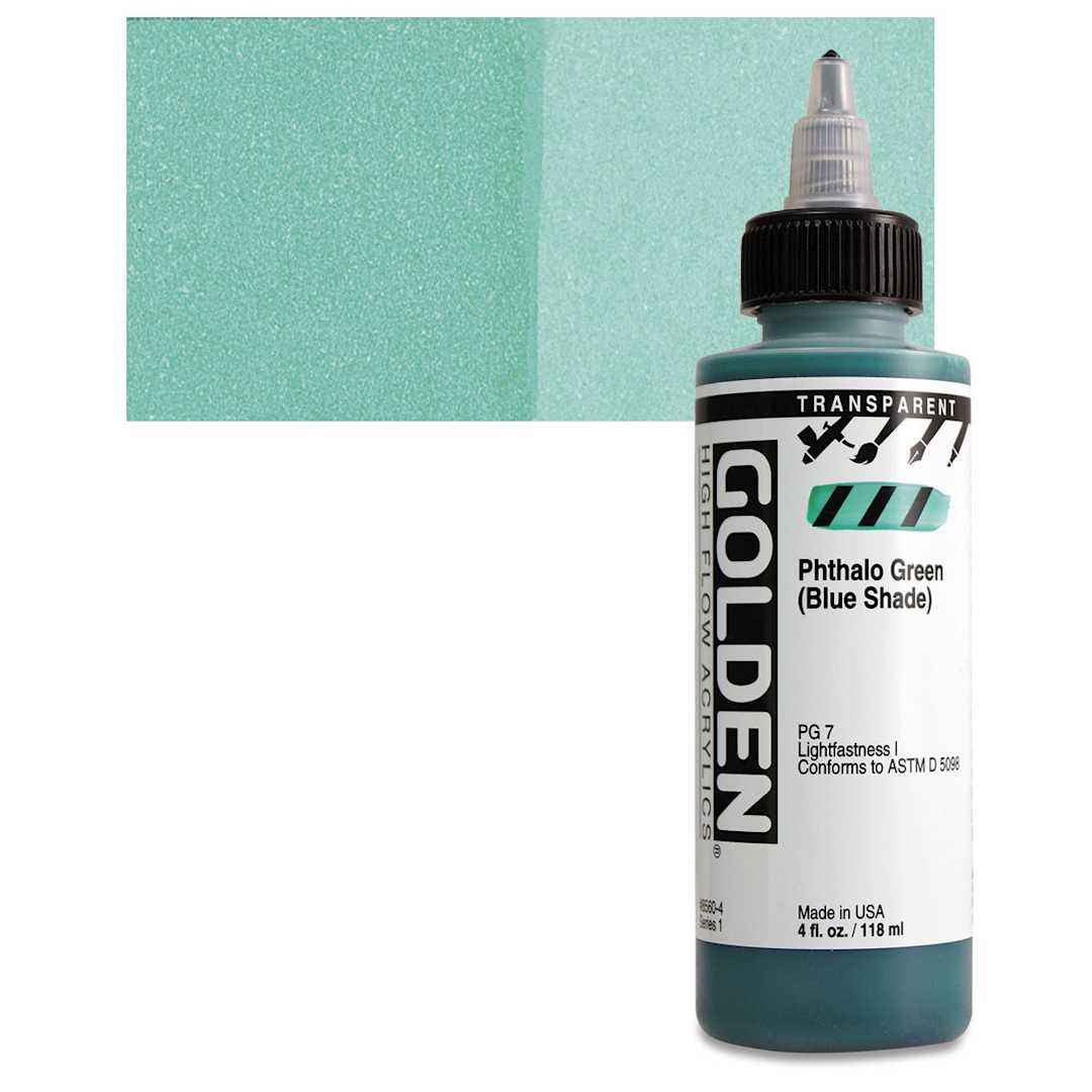 Open in modal - Golden High Flow Acrylic Paint - Transparent Phthalo Green (Blue Shade), 4 oz bottle and swatch