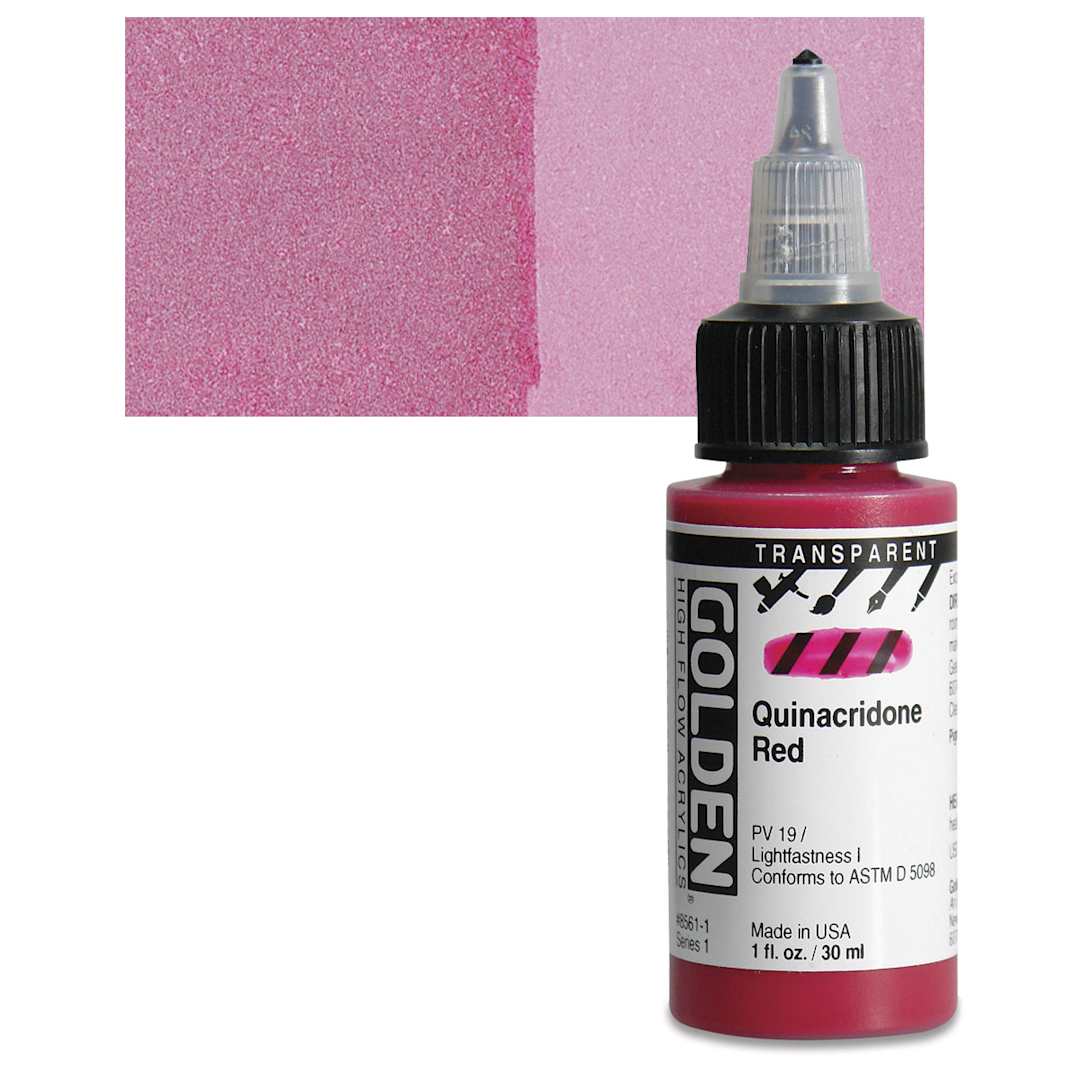 Open in modal - Golden High Flow Acrylic Paint - Transparent Quinacridone Red, 1 oz bottle and swatch