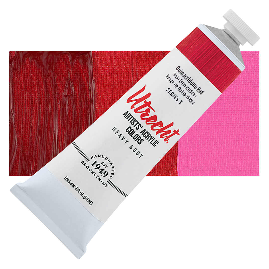 Open in modal - Utrecht Artists' Acrylic Paint - Quinacridone Red, 2 oz tube and swatch
