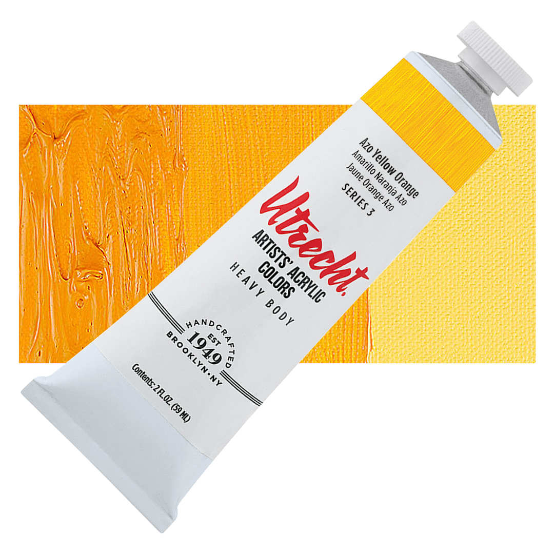 Open in modal - Utrecht Artists' Acrylic Paint - Azo Yellow Orange, 2 oz tube and swatch