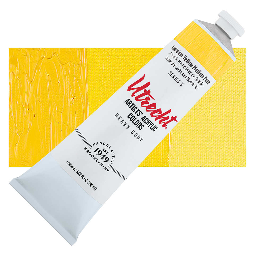 Open in modal - Utrecht Artists' Acrylic Paint - Cadmium Yellow Medium Pure, 5 oz tube and swatch