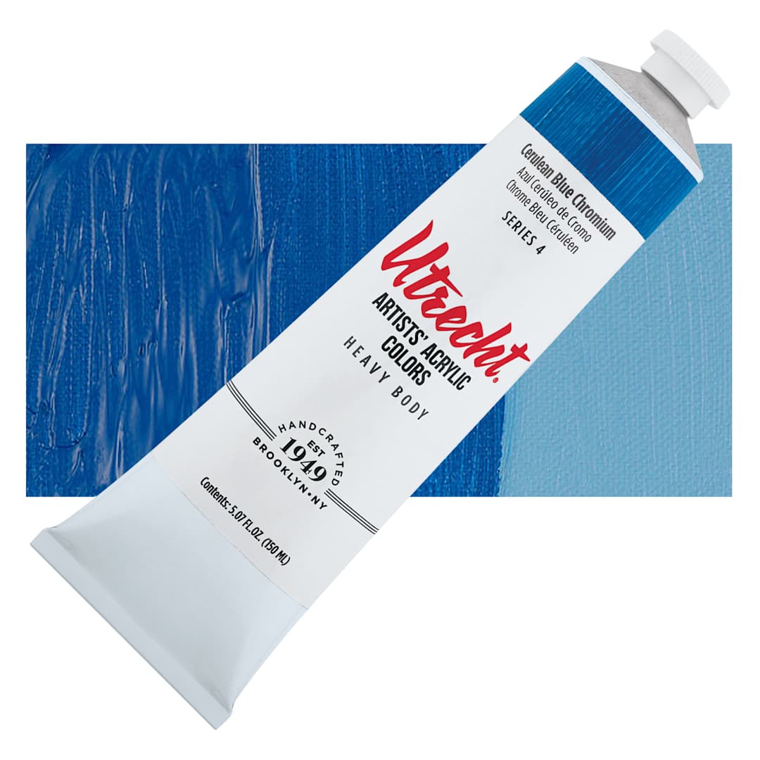 Open in modal - Utrecht Artists' Acrylic Paint - Cerulean Blue Chromium, 5 oz tube and swatch