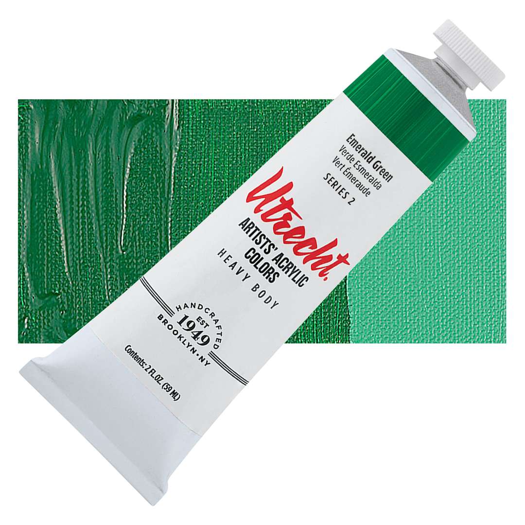 Open in modal - Utrecht Artists' Acrylic Paint - Emerald Green, 2 oz tube and swatch