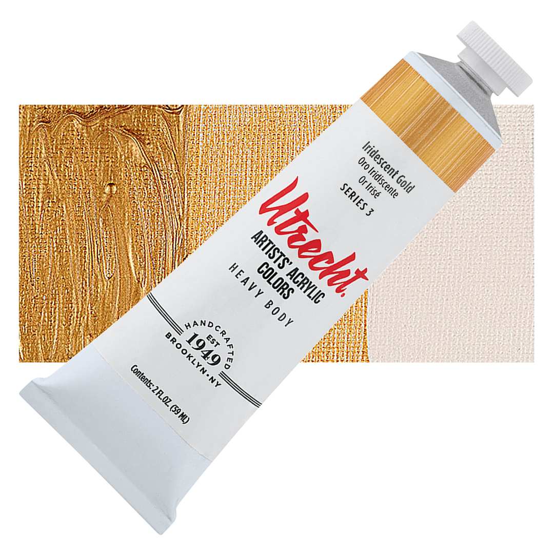 Open in modal - Utrecht Artists' Acrylic Paint - Iridescent Gold, 5 oz tube and swatch