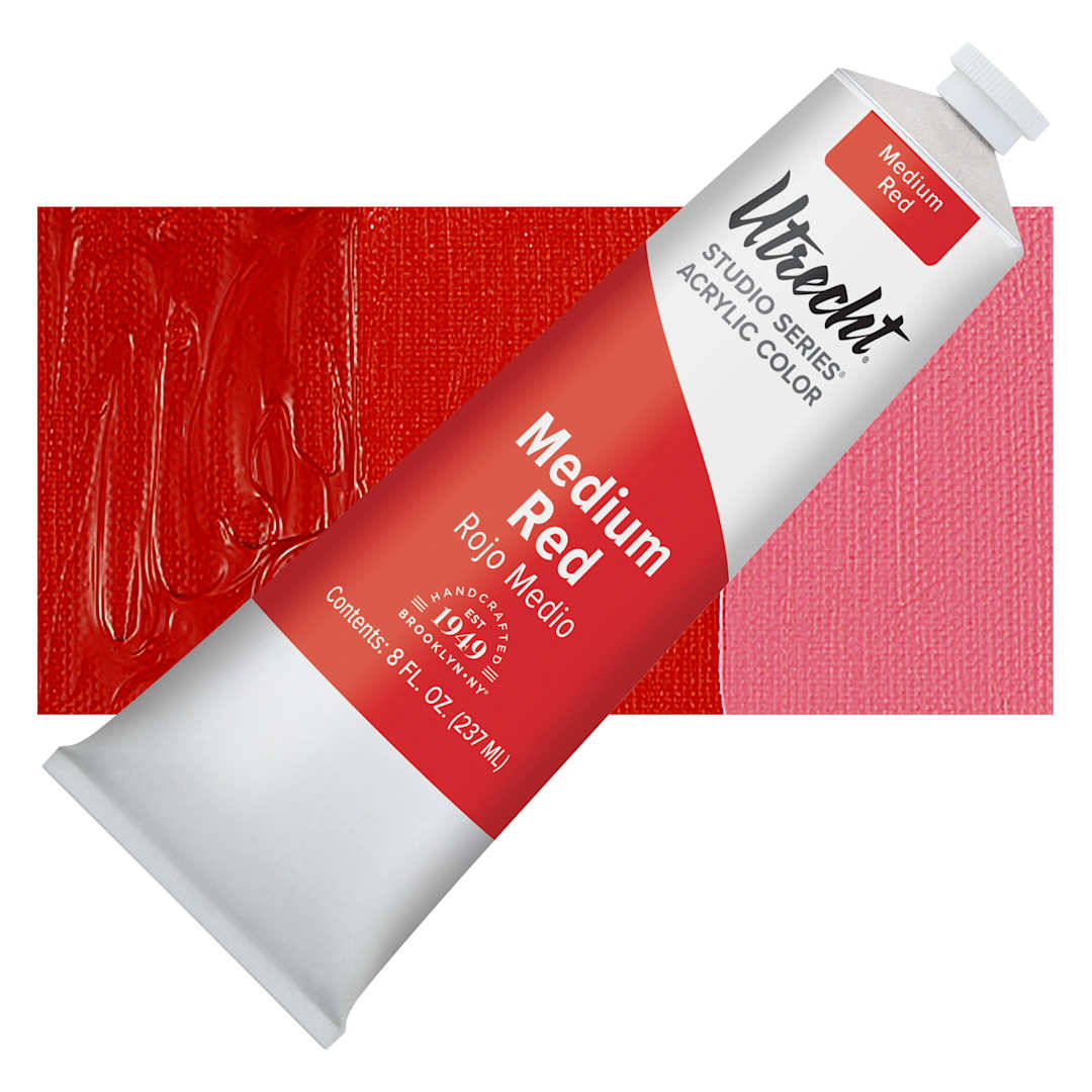 Open in modal - Utrecht Studio Series Acrylic Paint - Medium Red, 237 ml tube and swatch