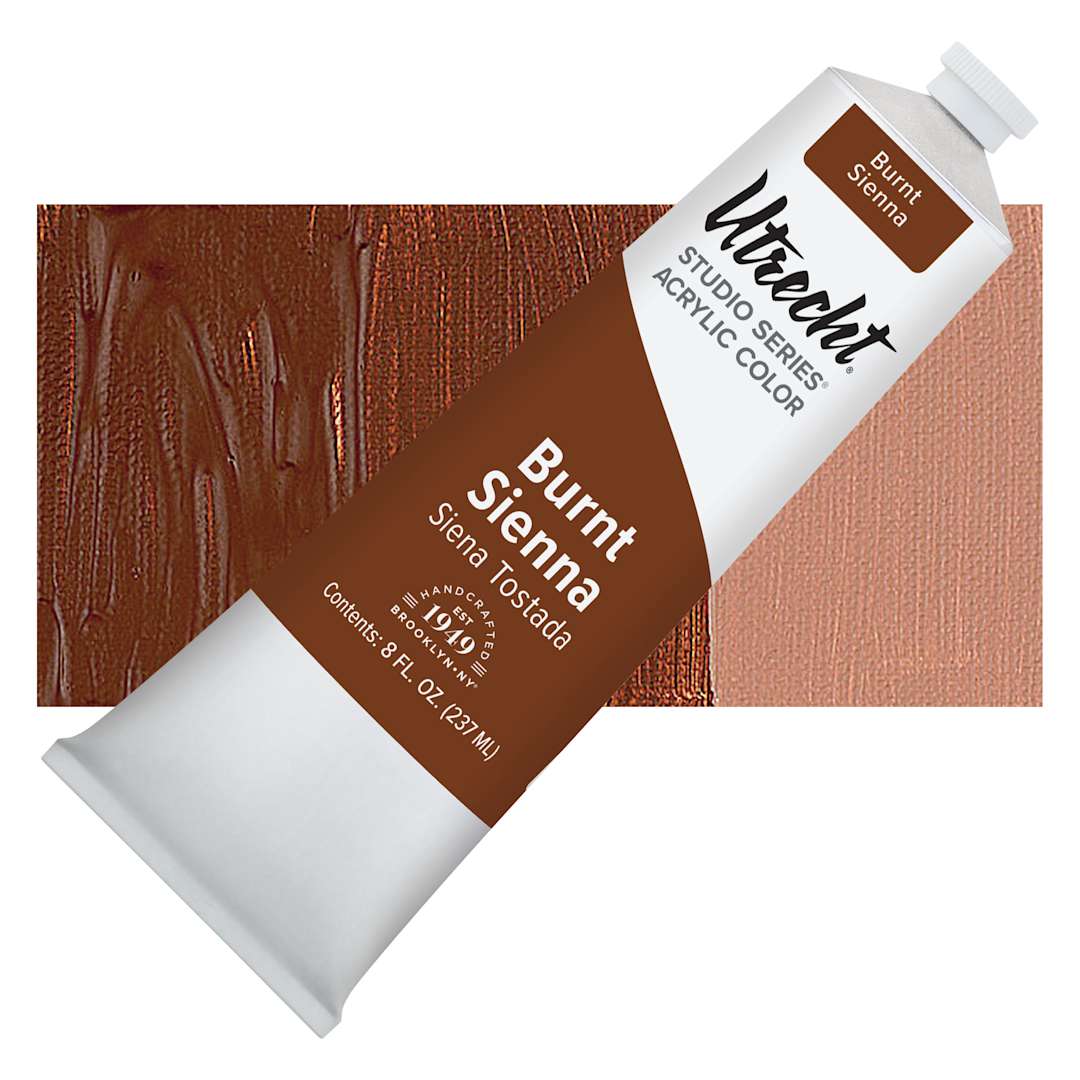 Open in modal - Utrecht Studio Series Acrylic Paint - Burnt Sienna, 237 ml tube and swatch