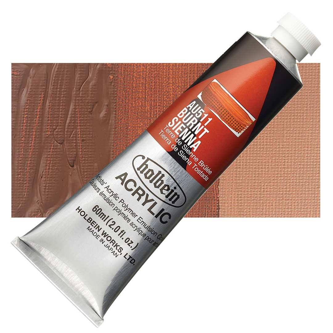 Open in modal - Holbein Heavy Body Artist Acrylic Paint - Burnt Sienna, 60 ml tube and swatch