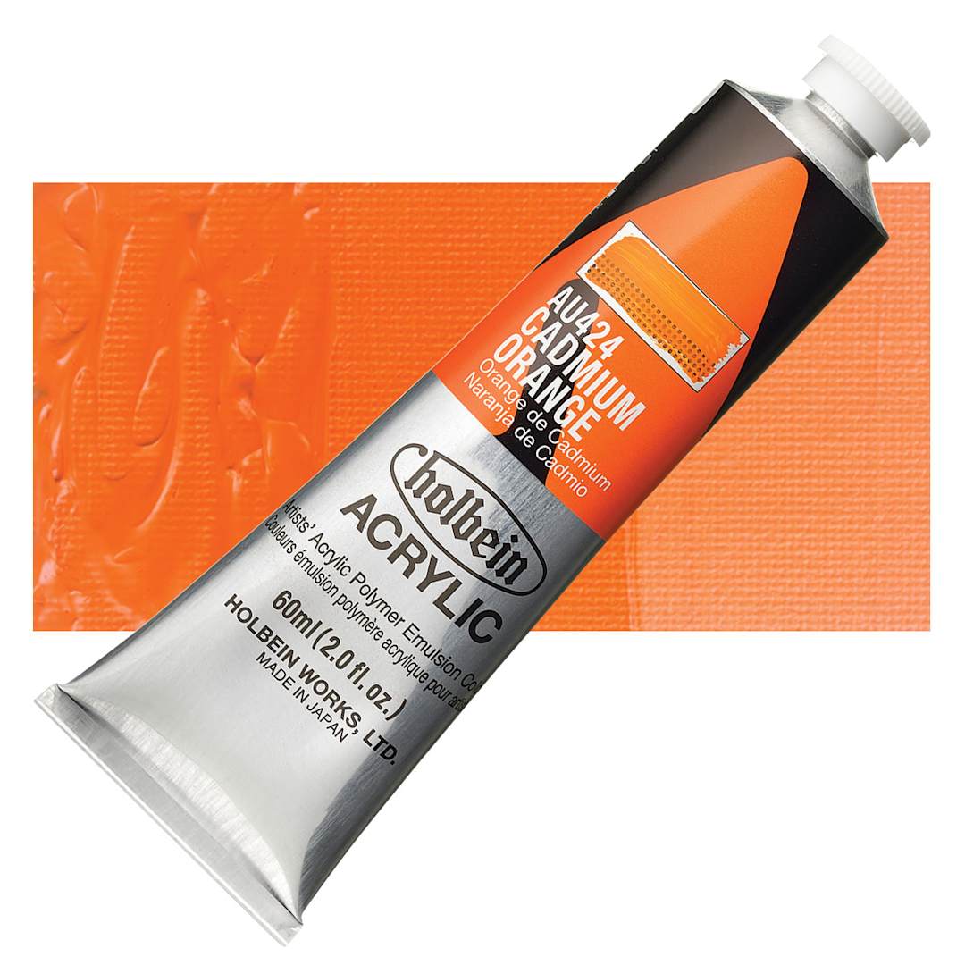 Open in modal - Holbein Heavy Body Artist Acrylic Paint - Cadmium Orange, 60 ml tube and swatch