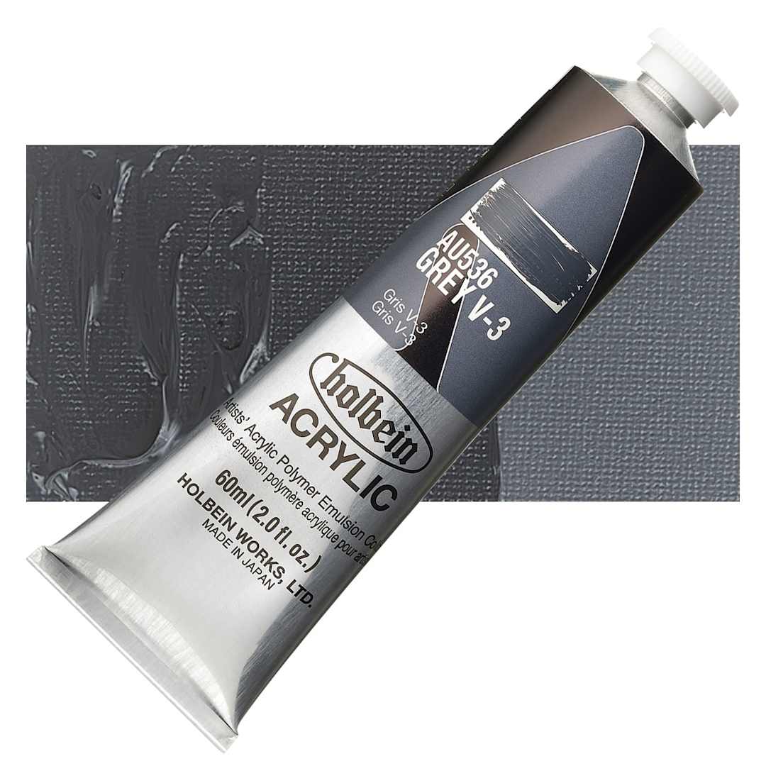 Open in modal - Holbein Heavy Body Artist Acrylic Paint - Gray V-3, 60 ml tube and swatch