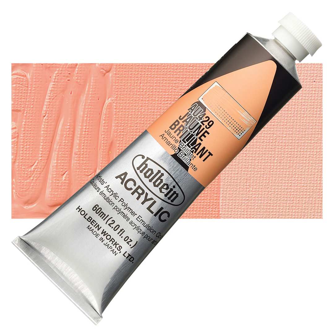 Open in modal - Holbein Heavy Body Artist Acrylic Paint - Jaune Brilliant, 60 ml tube and swatch