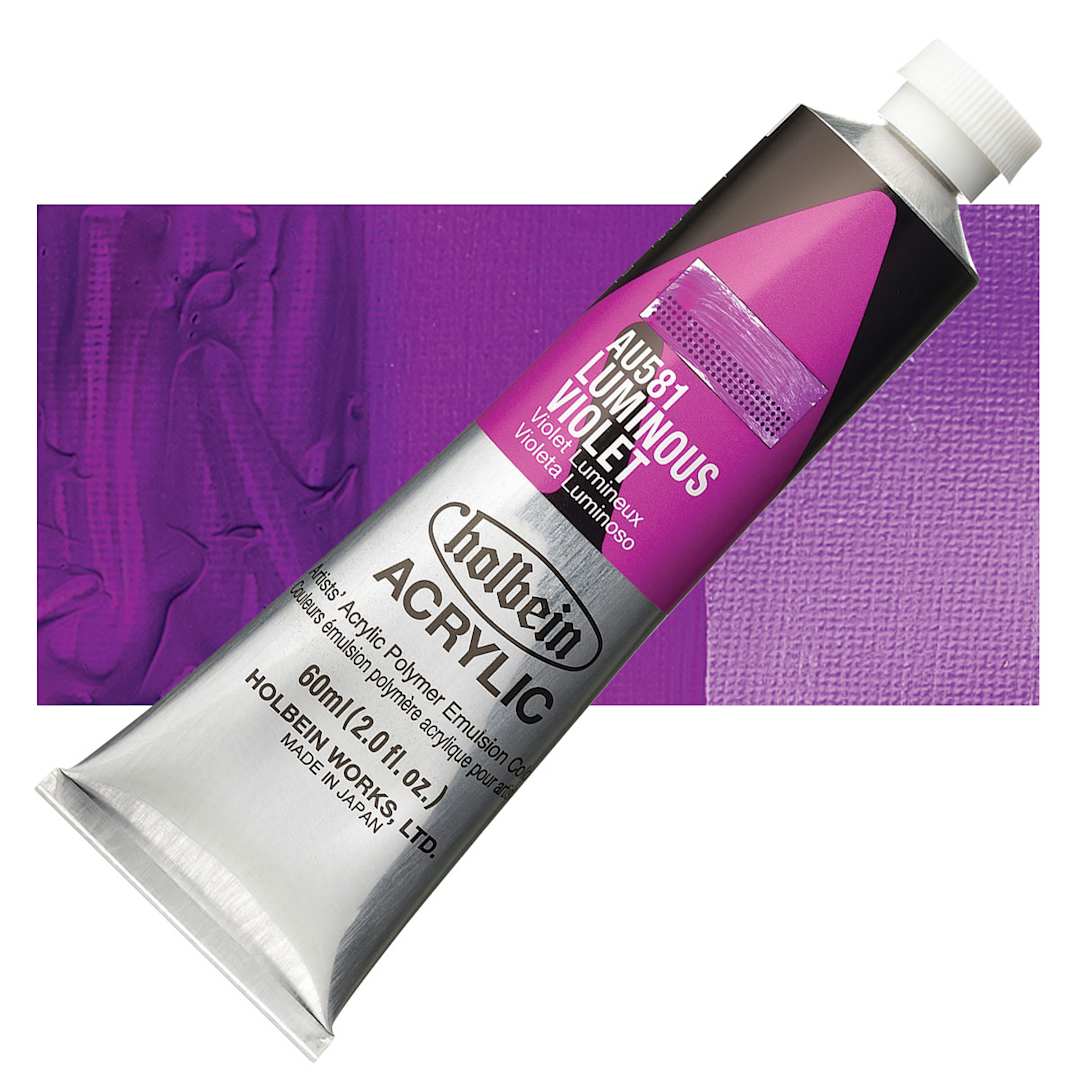 Open in modal - Holbein Heavy Body Artist Acrylic Paint - Luminous Violet, 60 ml tube and swatch
