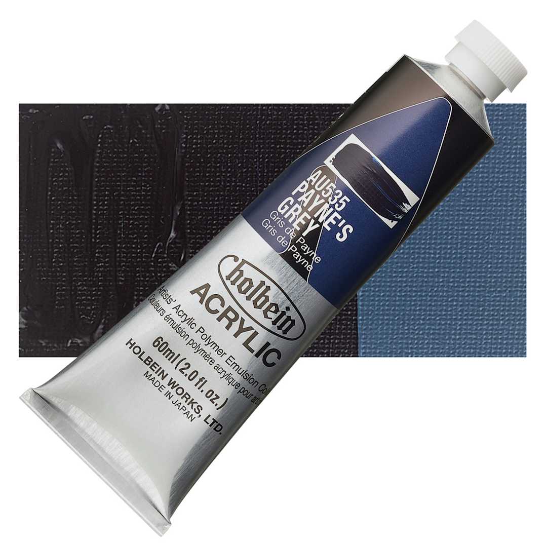 Open in modal - Holbein Heavy Body Artist Acrylic Paint - Payne's Gray, 60 ml tube and swatch