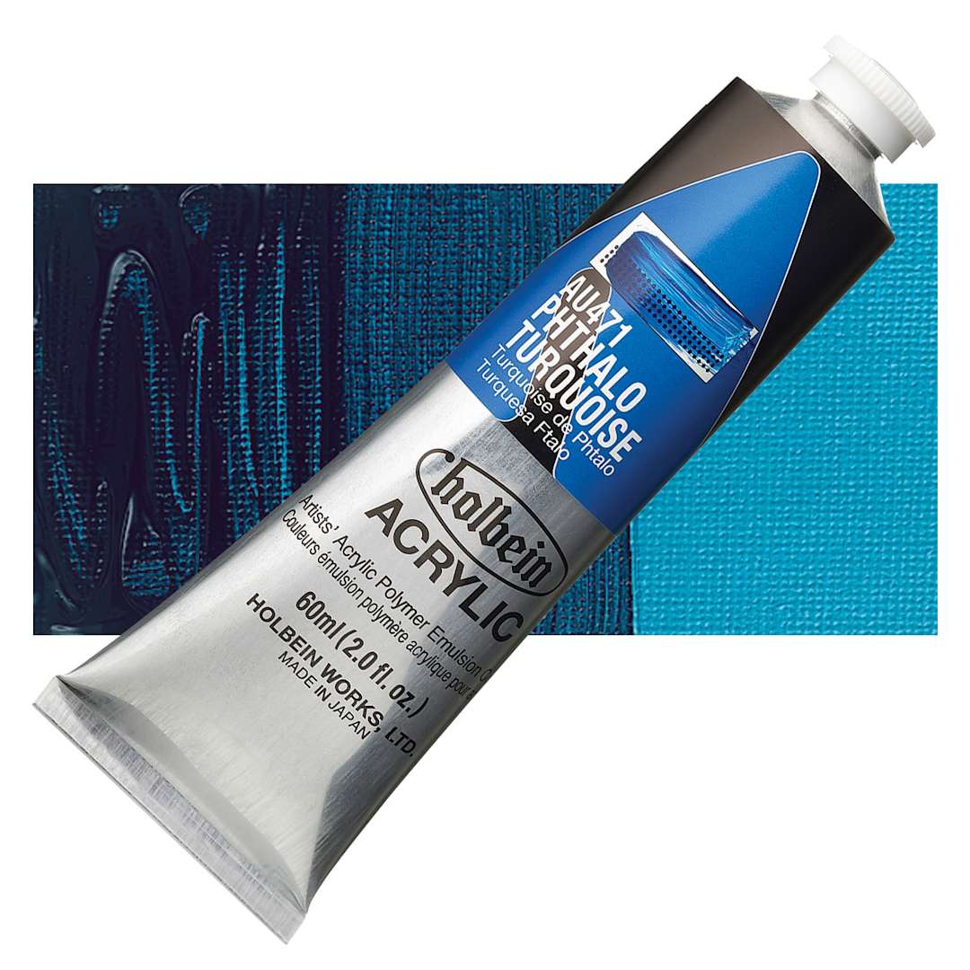 Open in modal - Holbein Heavy Body Artist Acrylic Paint - Phthalo Turquoise, 60 ml tube and swatch
