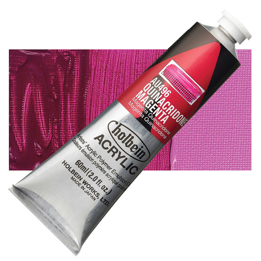 Open in modal - Holbein Heavy Body Artist Acrylic Paint - Quinacridone Magenta, 60 ml tube and swatch