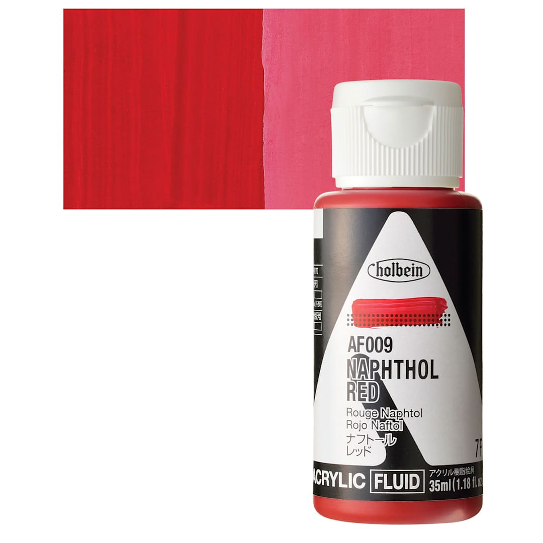 Open in modal - Holbein Fluid Acrylic Paint - Naphthol Red, 35 ml Bottle and swatch