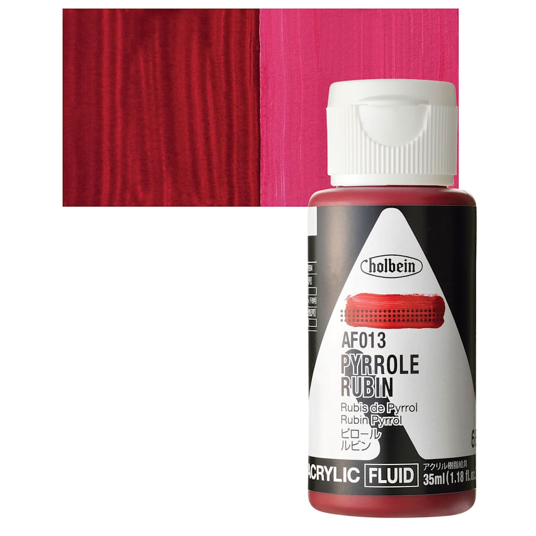 Open in modal - Holbein Fluid Acrylic Paint - Pyrrole Rubin, 35 ml Bottle and swatch