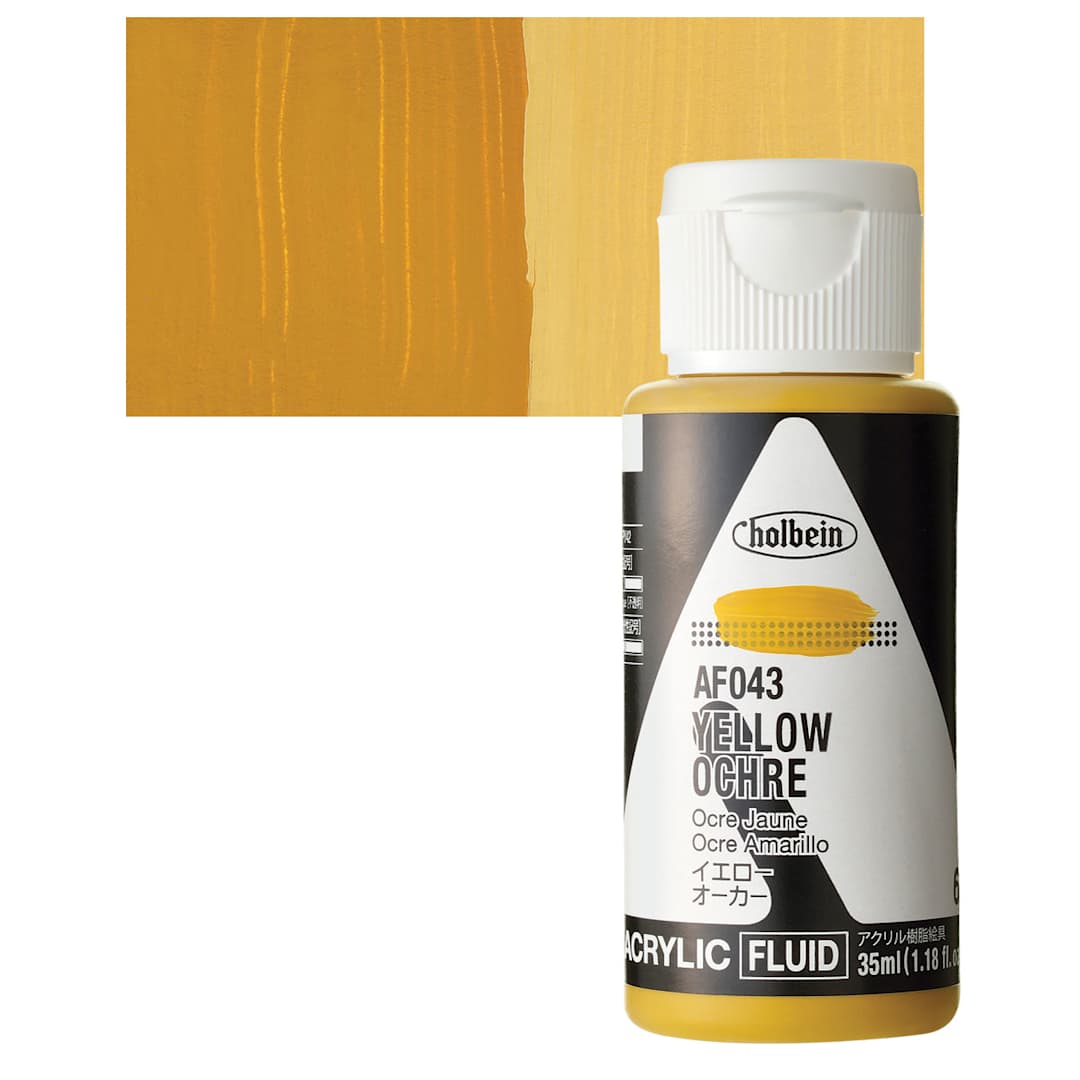 Open in modal - Holbein Fluid Acrylic Paint - Yellow Ochre, 35 ml Bottle and swatch