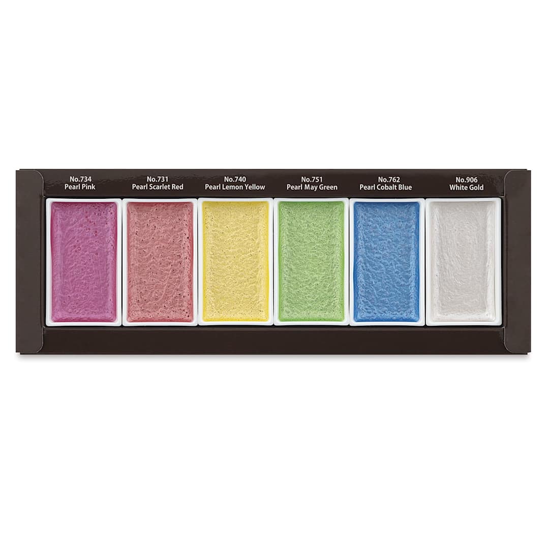 Open in modal - Kuretake Gansai Tambi Watercolor Paint Pan - Set of 6, Pearl Colors. In package.