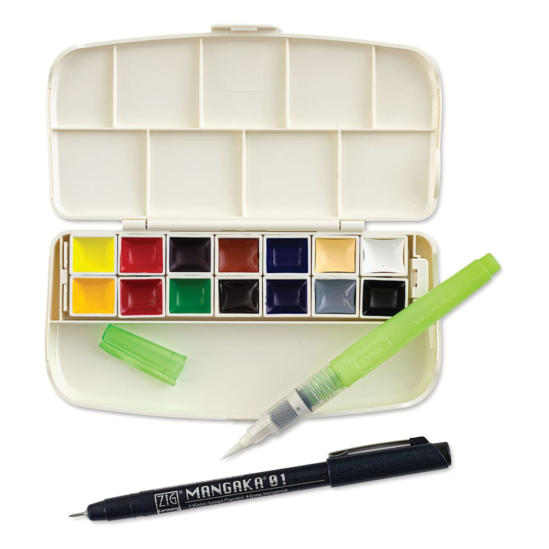 Open in modal - Kuretake Gansai Portable Watercolor Set - Set of 14 Half Pans open with Fineliner and brush
