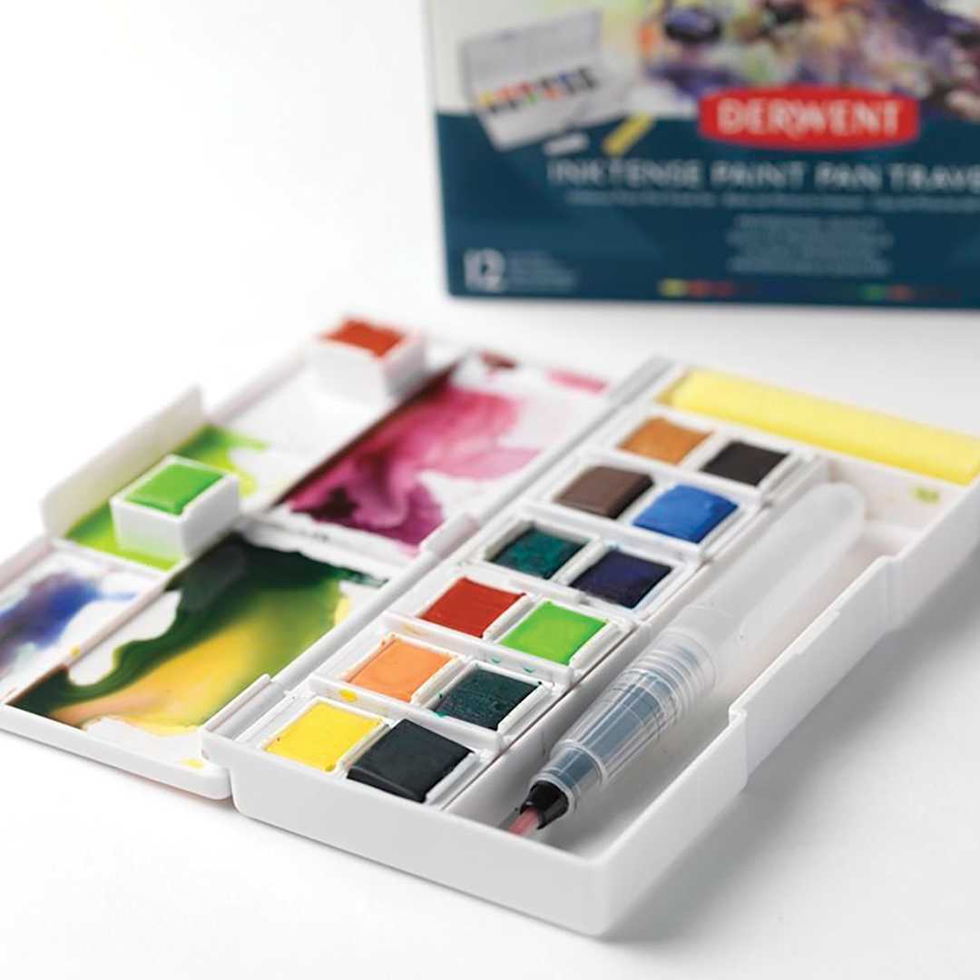 Open in modal - Derwent Inktense Paint Pan Set - Open palette showing 12 colors shown with paint in wells