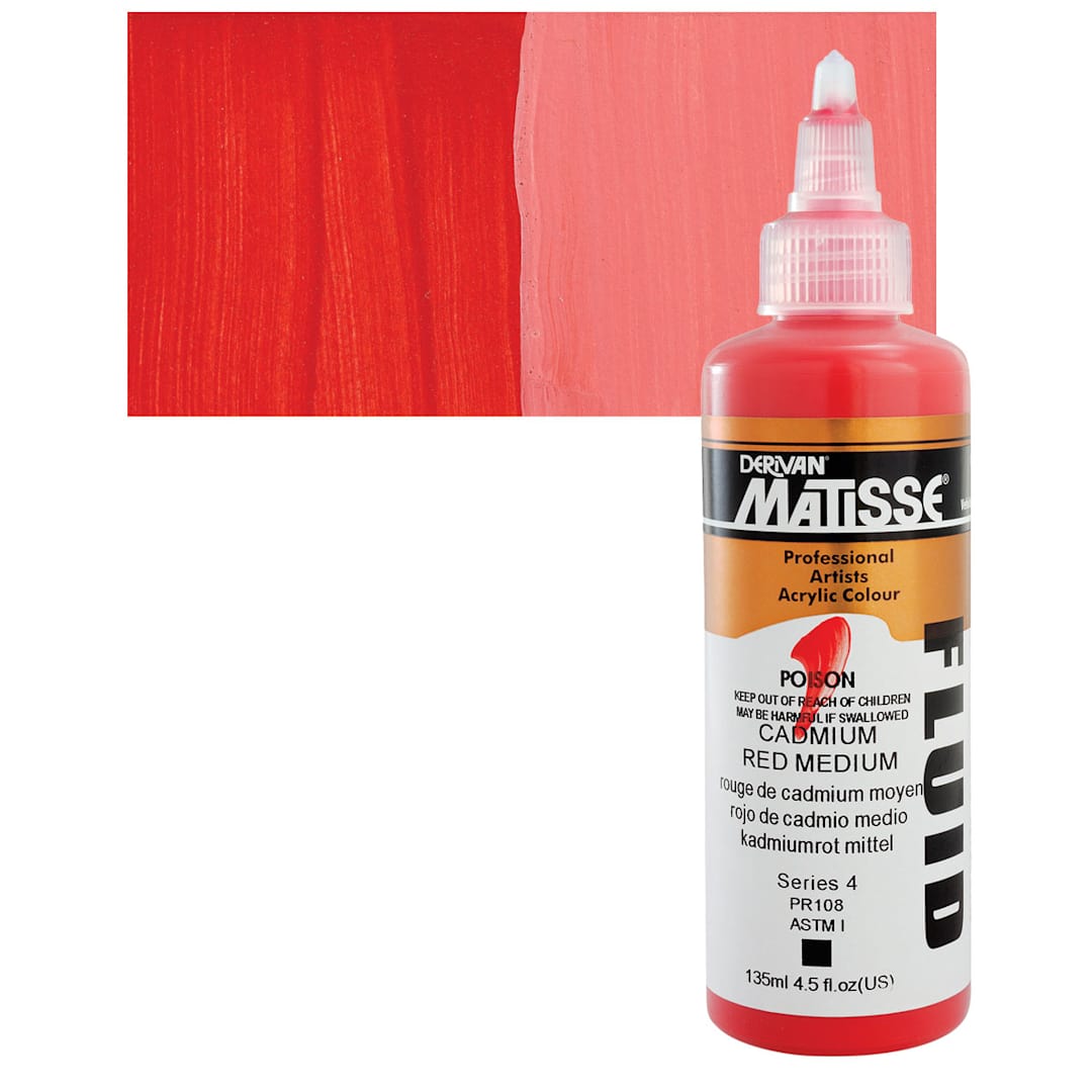 Open in modal - Matisse Fluid Acrylic - Cadmium Red Medium, 135 ml bottle and swatch