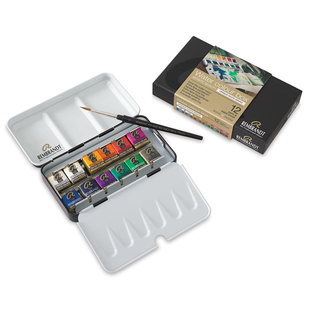 Open in modal - Rembrandt Artists' Half Pan Watercolors - 12 Opaque White Mixing Set with tin, brush and package