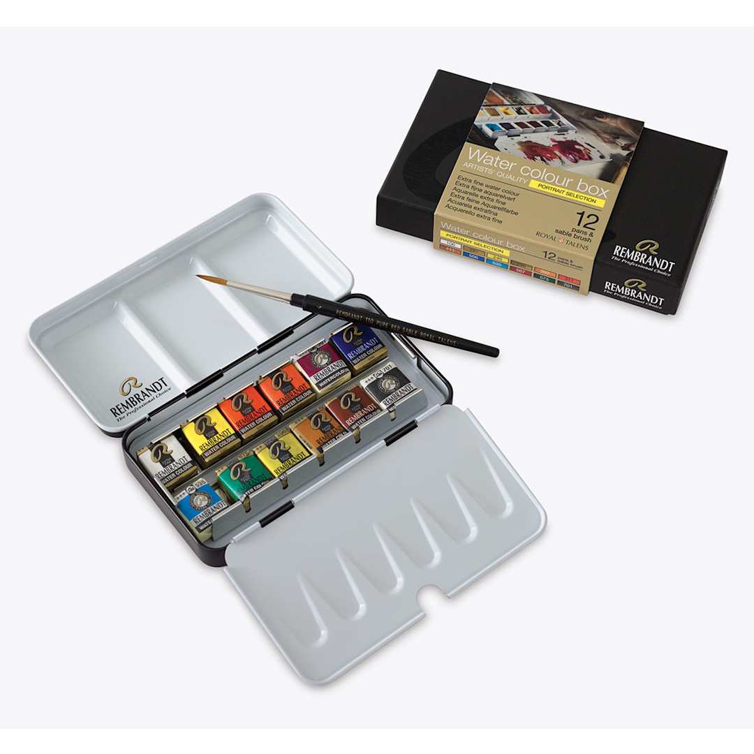 Open in modal - Rembrandt Watercolor Half Pan Set - 12 Portrait Selection colors in tin, with  brush and package