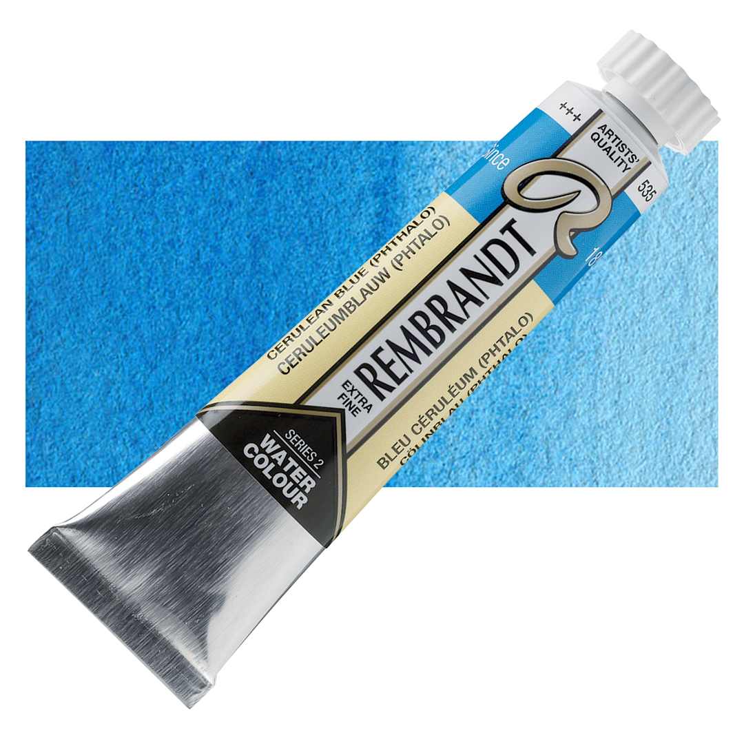 Open in modal - Rembrandt Artist Watercolor - Cerulean Blue Phthalo, 20 ml tube and swatch