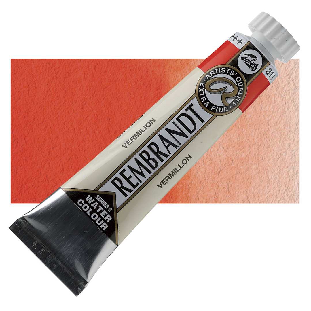 Open in modal - Rembrandt Artist Watercolor - Vermilion, 20 ml tube and swatch