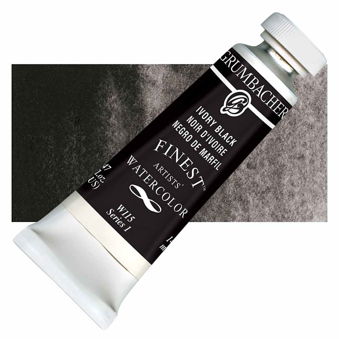 Open in modal - Grumbacher Finest Artists' Watercolor - Ivory Black, 14 ml tube and swatch