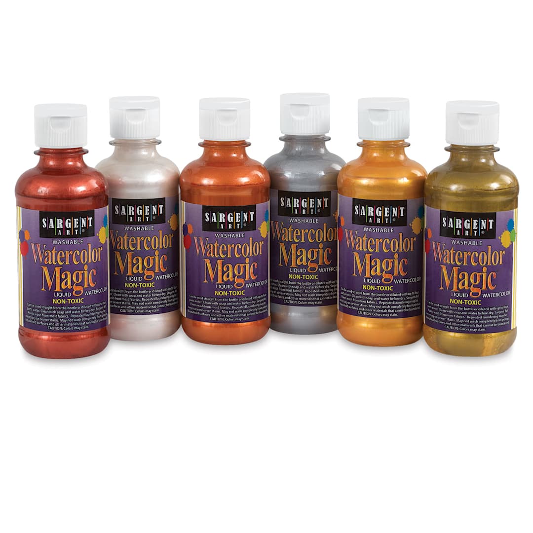 Open in modal - Sargent Art Watercolor Magic Liquid Watercolor Sets - Components of 6 pc set of Metallic 8 oz bottles shown