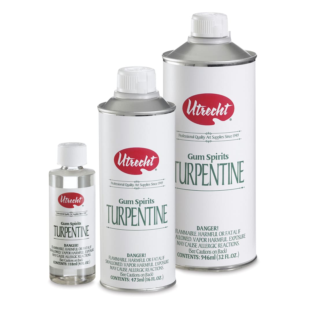 Open in modal - Utrecht Gum Spirits Turpentine - 4 oz bottle with 16 & 32 oz cans