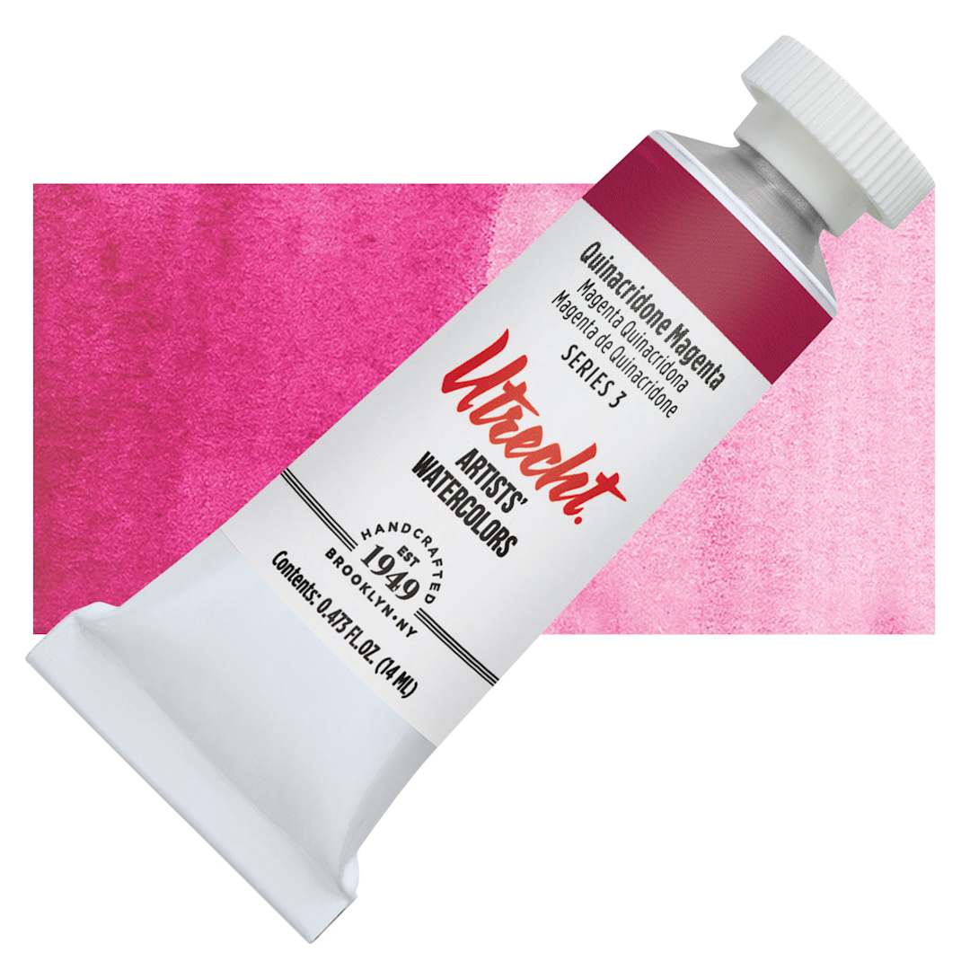 Open in modal - Utrecht Artists' Watercolor Paint - Quinacridone Magenta, 14 ml tube and swatch