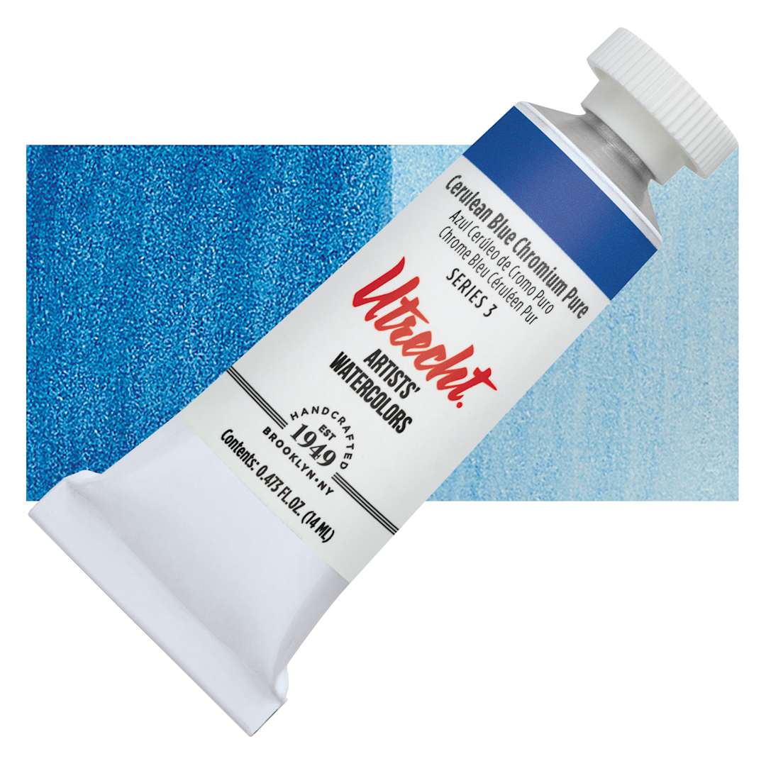 Open in modal - Utrecht Artists' Watercolor Paint - Cerulean Blue Chromium, 14 ml tube and swatch