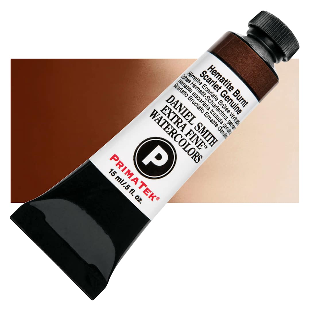 Open in modal - Daniel Smith Extra Fine Watercolor - PrimaTek, Hematite Burnt Scarlet Genuine, 15 ml Tube and swatch