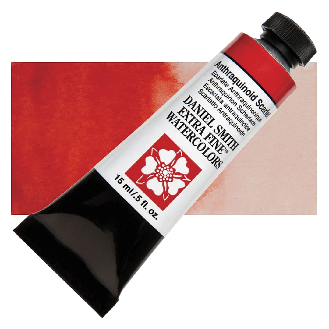 Open in modal - Daniel Smith Extra Fine Watercolor - Anthraquinoid Scarlet, 15 ml Tube and swatch