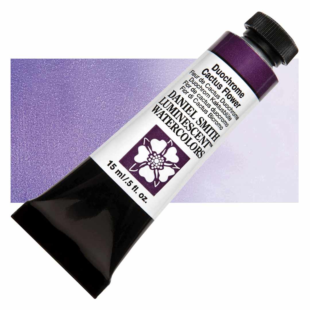 Open in modal - Daniel Smith Luminescent Watercolor - Duochrome Cactus Flower, 15 ml, Tube and swatch