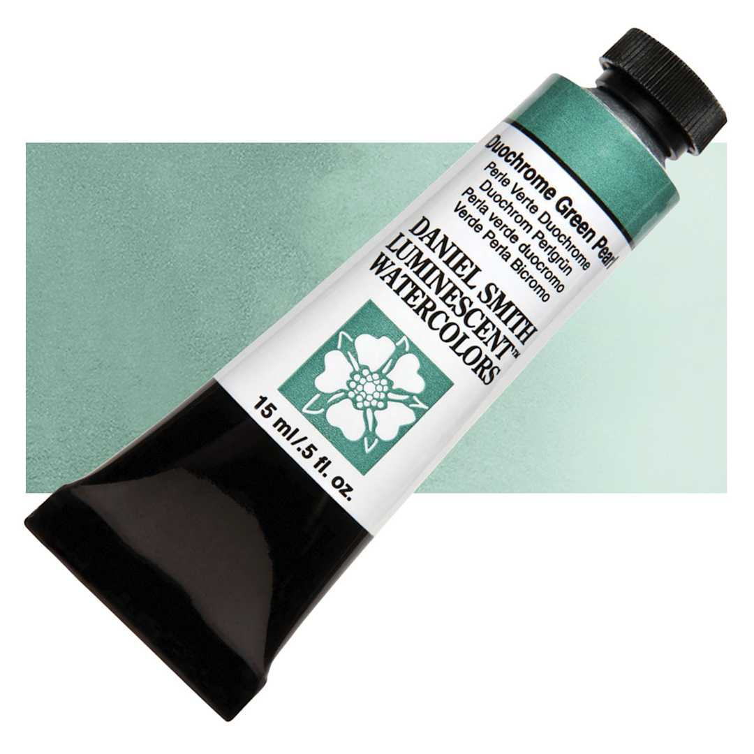 Open in modal - Daniel Smith Luminescent Watercolor - Duochrome Green Pearl, 15 ml, Tube and swatch