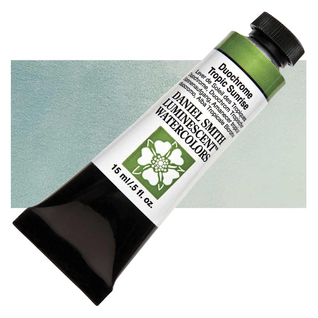 Open in modal - Daniel Smith Luminescent Watercolor - Duochrome Tropic Sunrise, 15 ml, Tube and swatch