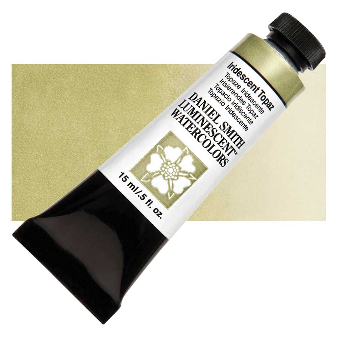 Open in modal - Daniel Smith Luminescent Watercolor - Iridescent Topaz, 15 ml, Tube and swatch