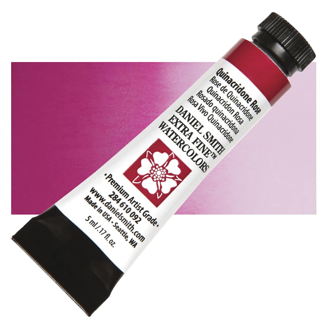 Open in modal - Daniel Smith Extra Fine Watercolor - Quinacridone Rose, 5 ml Tube and swatch