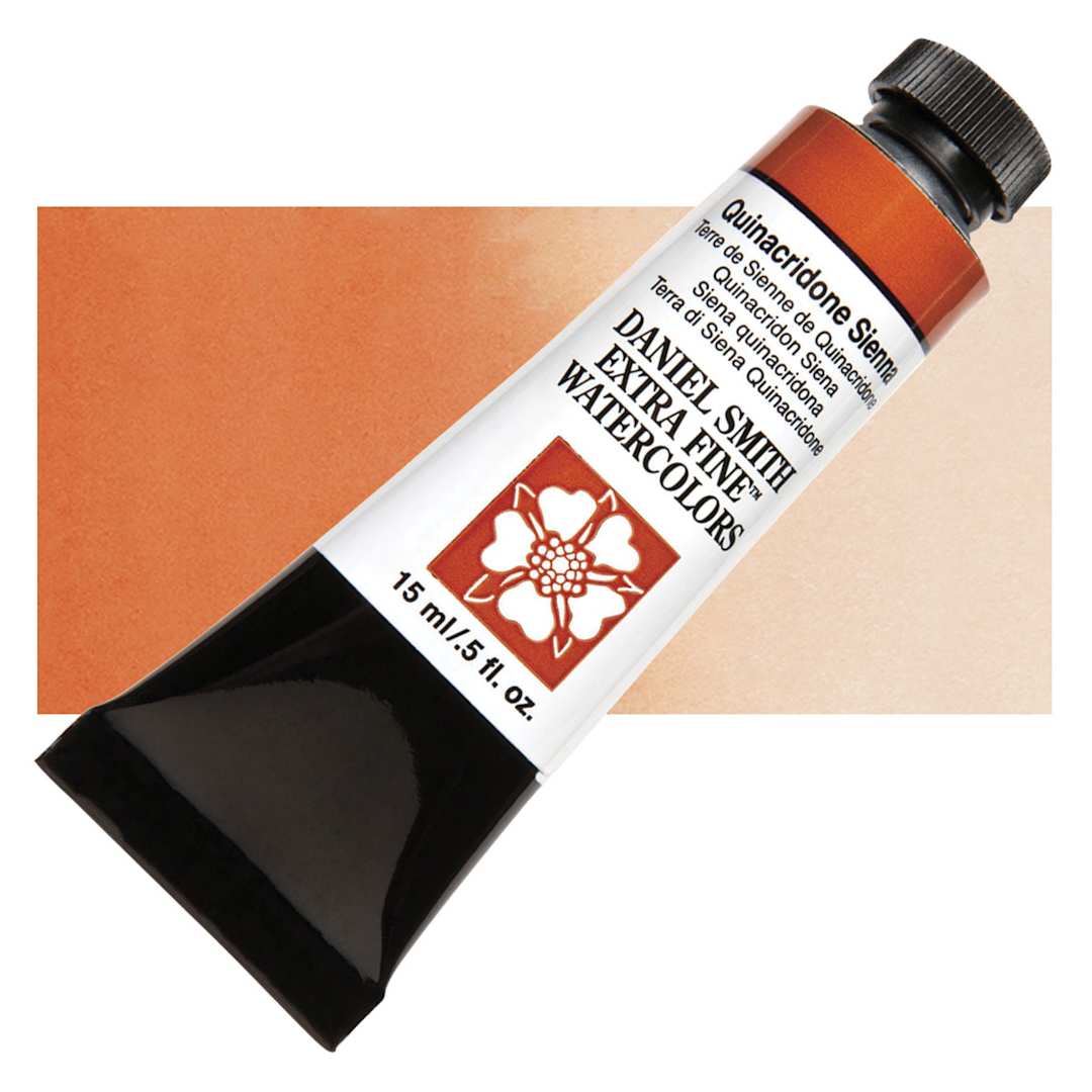 Open in modal - Daniel Smith Extra Fine Watercolor - Quinacridone Sienna, 15 ml Tube and swatch